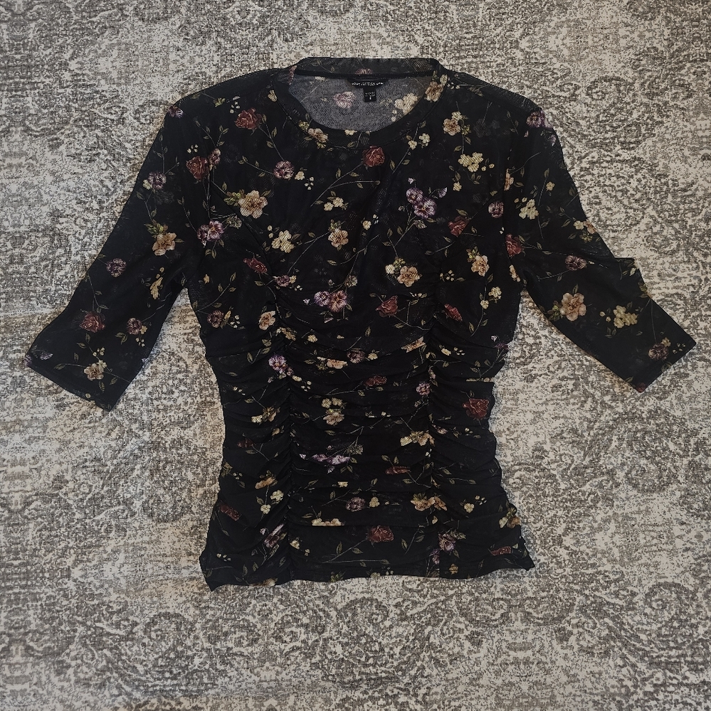 GUESS Floral Black Top with 3/4 Sleeves